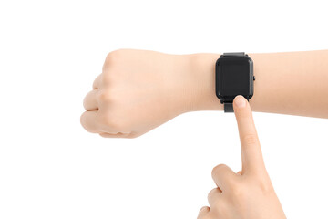 Using smart watch on female hand, isolate on a white background, mockup.