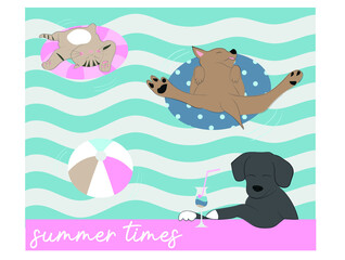 two cute dogs and a cat swimming in the pool. happy summer times illustration. cute animals having a fun times in the pool