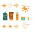Sun Protection. Time interval sunblock with SPF UVA UVB. Bottle with sunscreen. Lip balm with SPF. Shape of Sun. Vector illustration. White Isolated.