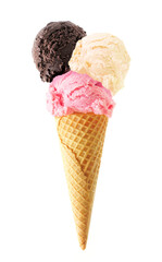 Wall Mural - Triple scoop ice cream cone isolated on a white background. Chocolate, vanilla and strawberry flavors in a waffle cone.