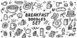 © Ekaterina Kornyukhin - Breakfast doodles icon set. Hand drawn lines cartoon food icons collection. For restaurants, cafes, menu, textile prints, web and graphic design. Vector illustration.
