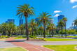 Downtown Perth viewed from riverside promenade of Swan river, Australia