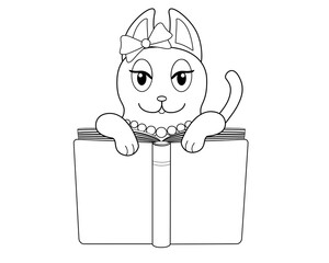 Girl cat with bow reads a big book - vector linear illustration for coloring. Cat is reading a book - cartoon vector character for coloring book. Outline.