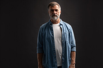 Wall Mural - Portrait of smiling mature man standing on black background.