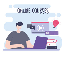 Poster - online training, boy using laptop video education, courses knowledge development internet