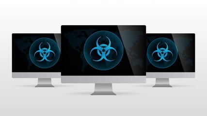 Wall Mural - Digital world desktop device with virus attack. Realistic computer monitor with Virus symbol in screen and light gradient background.
