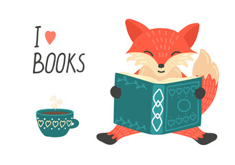Wall Mural - I love book. Cute little fox reading book and drinking tea.  Illustration with hand writing text.