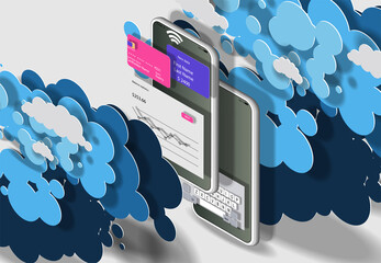 Poster - Web banner with a financial app on a mobile phone screen in blue clouds