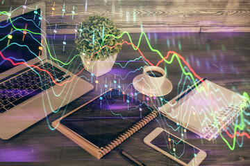 Double exposure of financial graph drawing and cell phone background. Concept of forex trading