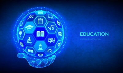 Wall Mural - E-learning. Innovative online education technology concept. Webinar, teaching, online training courses. Skill development. Abstract 3D sphere with surface of hexagons with icons in hand. Vector.