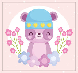 Wall Mural - baby shower, cute teddy bear with hat and flowers decoration cartoon, announce newborn welcome card