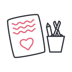 Poster - Heart on note scissor and pencil inside mug line style icon vector design