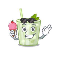 Poster - A cartoon drawing of mojito lemon cocktail holding cone ice cream