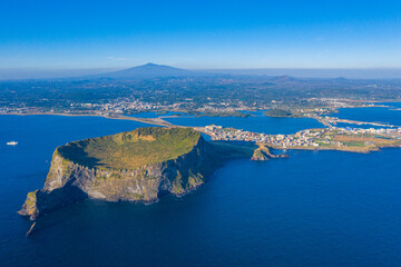 Sticker - Sunrise view of Seongsan Ilchulbong known as sunrise peak at Jeju Island, Republic of Korea