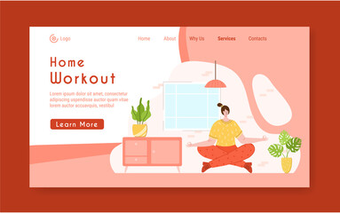 Landing page template - woman doing yoga and meditation at home. Indoor fitness yoga workout concept. Home activity for people health and calm. Girl doing sport in living room - vector illustration