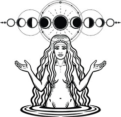 Wall Mural - Mystical drawing: the female goddess with long hair. Phase of the moon. Magic, esoteric, occultism, fairy tale. Vector illustration isolated on a white background. Print, poster, t-shirt, card.