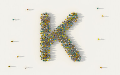 Wall Mural - Large group of people forming letter K, capital English alphabet text character in social media and community concept on white background. 3d sign symbol of crowd illustration from above