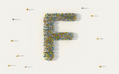 Wall Mural - Large group of people forming letter F, capital English alphabet text character in social media and community concept on white background. 3d sign symbol of crowd illustration from above