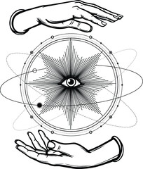 Wall Mural - Human hands hold the divine all-seeing eye. Planet orbits, space, universe. Magic, alchemy, occult. Monochrome vector illustration isolated on white background. Print, poster, T-shirt, postcard.