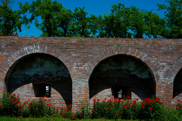 Sticker - the brick wall of the fortress and the red poppies next to the wall