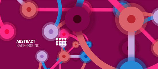 Flat style geometric abstract background, round dots or circle connections on color background. Technology network concept.