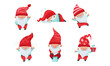 Fantastic Christmas Gnome or Dwarf Character with Red Hat and White Beard Carrying Gift Box and Sleeping Vector Set