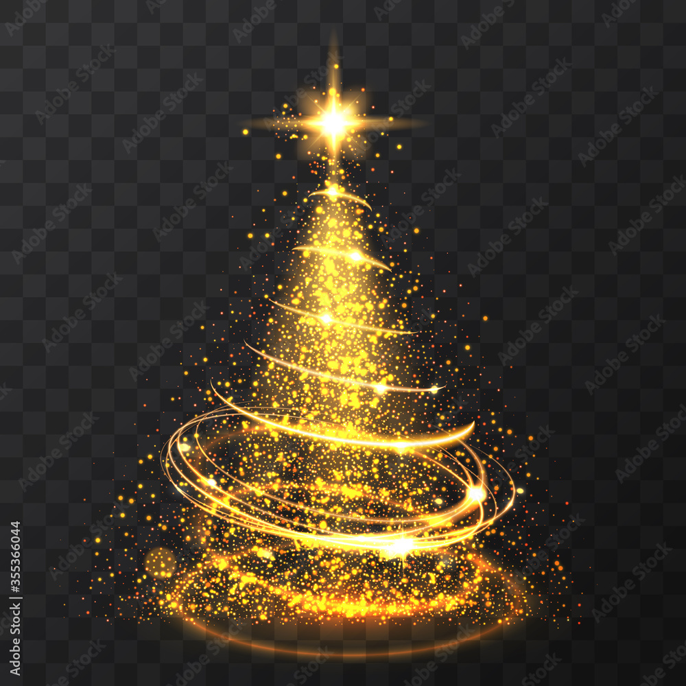 Golden glitter bokeh lights and sparkle stars christmas tree on ...