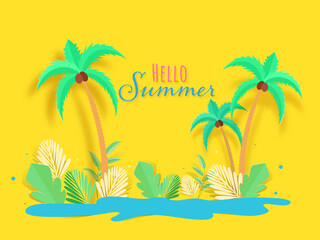 Sticker - Hello Summer Font with Paper Cut Coconut Trees, Tropical Leaves and Blue Water Splash on Yellow Background.