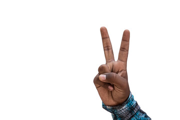 Hand of an African American kid showing peace gesture isolated against the white background