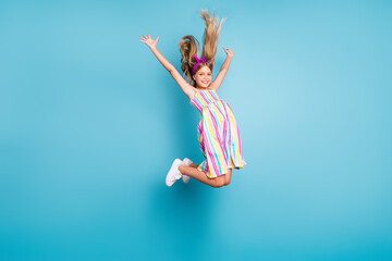 Sticker - Full length body size view of her she nice attractive lovely pretty charming cute glad cheerful cheery free girl jumping enjoying leisure isolated over bright vivid shine vibrant blue color background