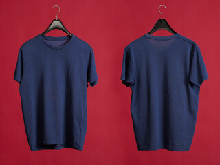 Exclusive hanger with empty blue t-shirt hanging isolated on a red background. Blank blue male tshirt template, from two sides,  for your mockup design to be printed.