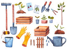 Set Spring Gardener, Vegetable Garden, Rake Shovels, Seeds, Seedlings Watercolor Illustration For Children On A White Background