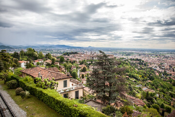 Wall Mural - Beautiful view of Bergamo (Upper city) from the San Vigilio Park. Bergamo, Lombardy, Italy