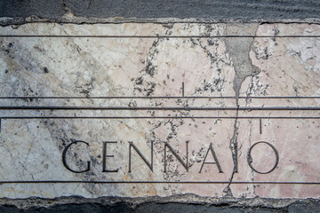 Wall Mural - Zodiac symbol on a mottled granite pavement of the Old square in Bergamo. Lombardy, Italy