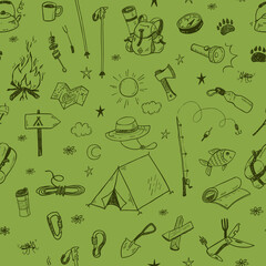 Wall Mural - hand drawn doodle camping vector elements seamless pattern with bonfire, adventure, hiking and touri