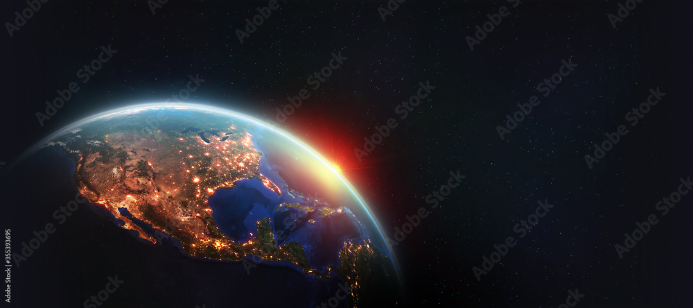 Earth orbit. North America and night lights of cities. Planet in space 3d illustration. Elements of this image are furnished by NASA - obrazy, fototapety, plakaty 