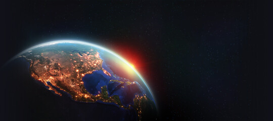 earth orbit. north america and night lights of cities. planet in space 3d illustration. elements of 