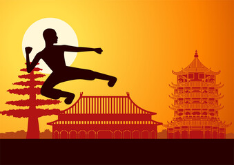 Chinese Boxing Kung Fu martial art famous sport,monk Train to fight,around with China landmarks,sunset silhouette design