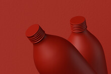 Two Red Opaque Bottles Or Flasks On A Red Background, 3D Rendering, Web Banner Or Template
