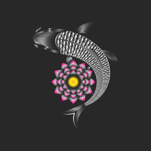 Koi Carp And Lotus Flower Creative Japanese Fish And Water Lily Symbol Of Luck, Prosperity, And Good Fortune In Thin Lines, Gradient Linear Art Graphic For Tattoo Or Print On Clothes