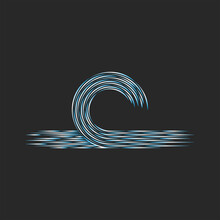 Sea Wave Logo Thin Lines Design Element, Blue And White Linear Graphics On A Black Background, Wave Crest Fashion Print For T-shirts Or Clothes