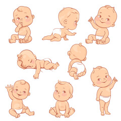 Set with cute little baby boy in diaper