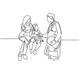 One line drawing of doctor handshaking young patient and check up his condition. Health care medical condition concept. continuous line drawing vector illustration