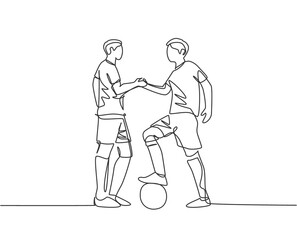 Sticker - Continuous line drawing of two football player and handshaking to show sportsmanship before starting the match. Respect in soccer sport concept. One line drawing vector illustration