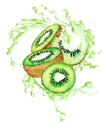 Wall Mural - Qiwis and half of qiwi fruits in the splash of green juice