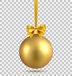 Gold Christmas ball with ribbon and a bow, isolated on transparent background. Template of matt realistic Christmas ball. Stocking element christmas decorations. Isolated object. Vector.