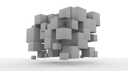 3D animation of a white cube that splits into many clubs that disintegrate in a chain reaction to fragments. The design is restored and merged into a 4K cube background abstraction.
