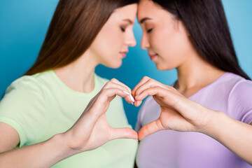 Poster - Closeup photo blurry focus tender feelings lesbians couple ladies romantic date make arms fingers heart shape sign lean foreheads lovers wear casual t-shirts isolated blue color background