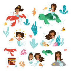 Wall Mural - Vector set of little mermaid, fish, seaweeds and coral reef. Kawaii cartoon African American mermaids.