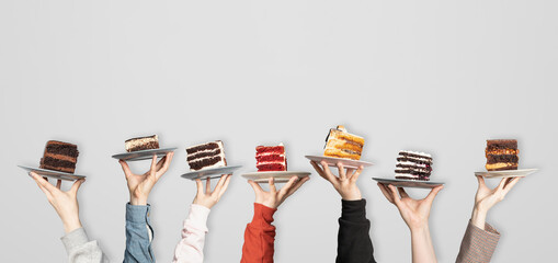 Poster - Concept for cafe or bakery with desserts: plates with different cakes in people's hands, place for your text